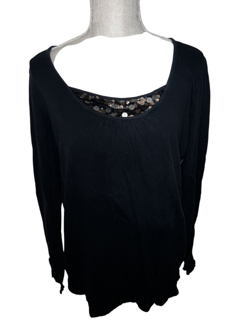 Esprit Womens Black Sequin Scoop Neck Long Sleeve Top L